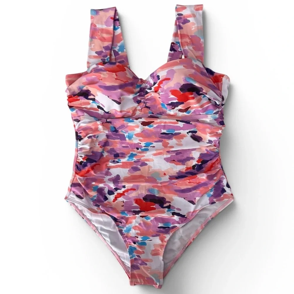 Unbranded‎ Abstract One Piece Swimsuit Womens Medium Pink Multi NWOT Ruched